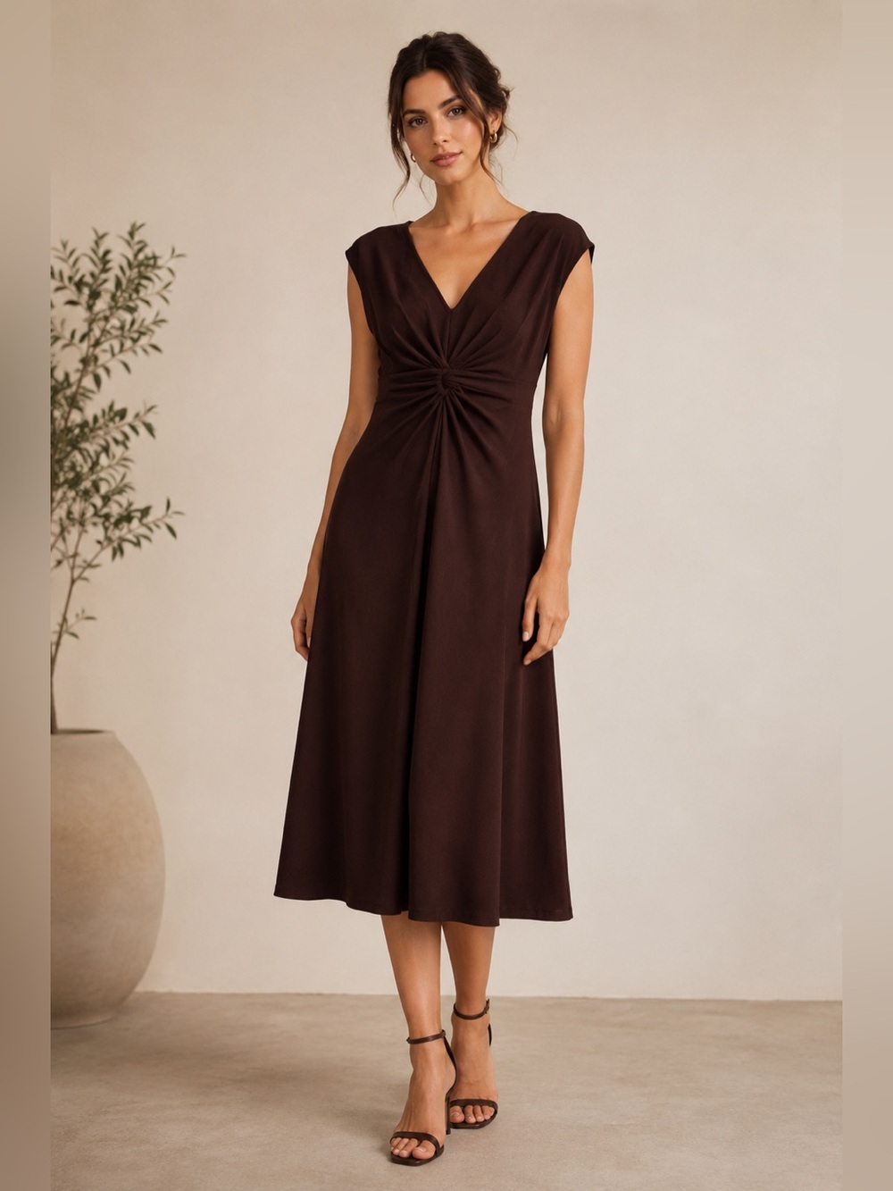 London Times Brown Ruched V-Neck Midi Dress Size 8